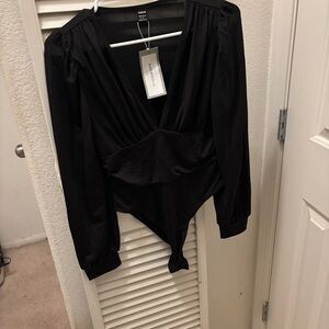 Black long sleeve deep V neck bodysuit